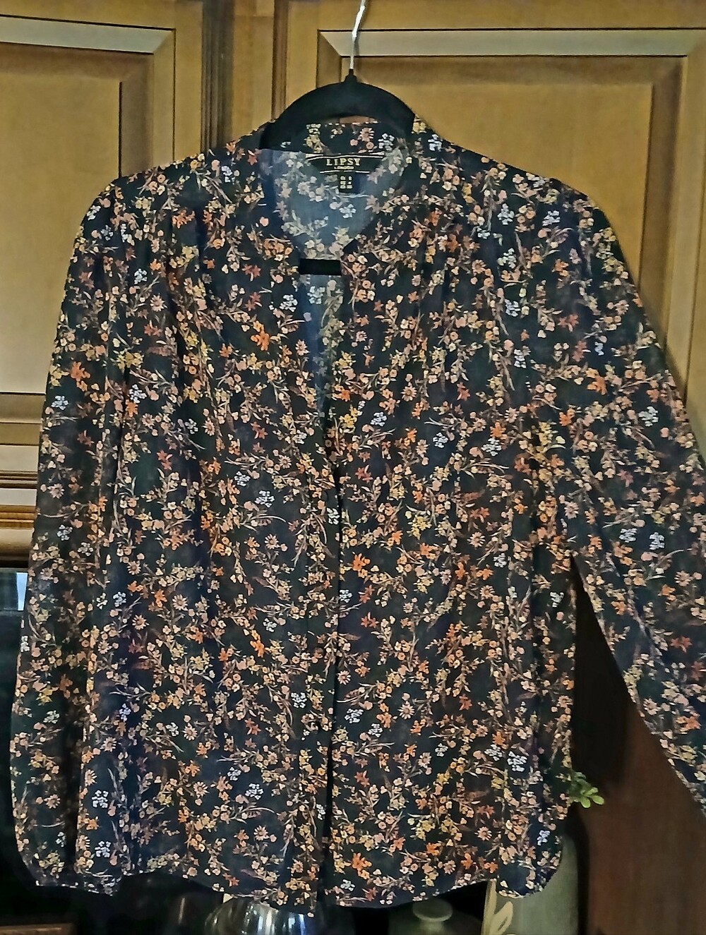 Lipsy Black Floral Button-Up Shirt with Rust and Cream Blooms